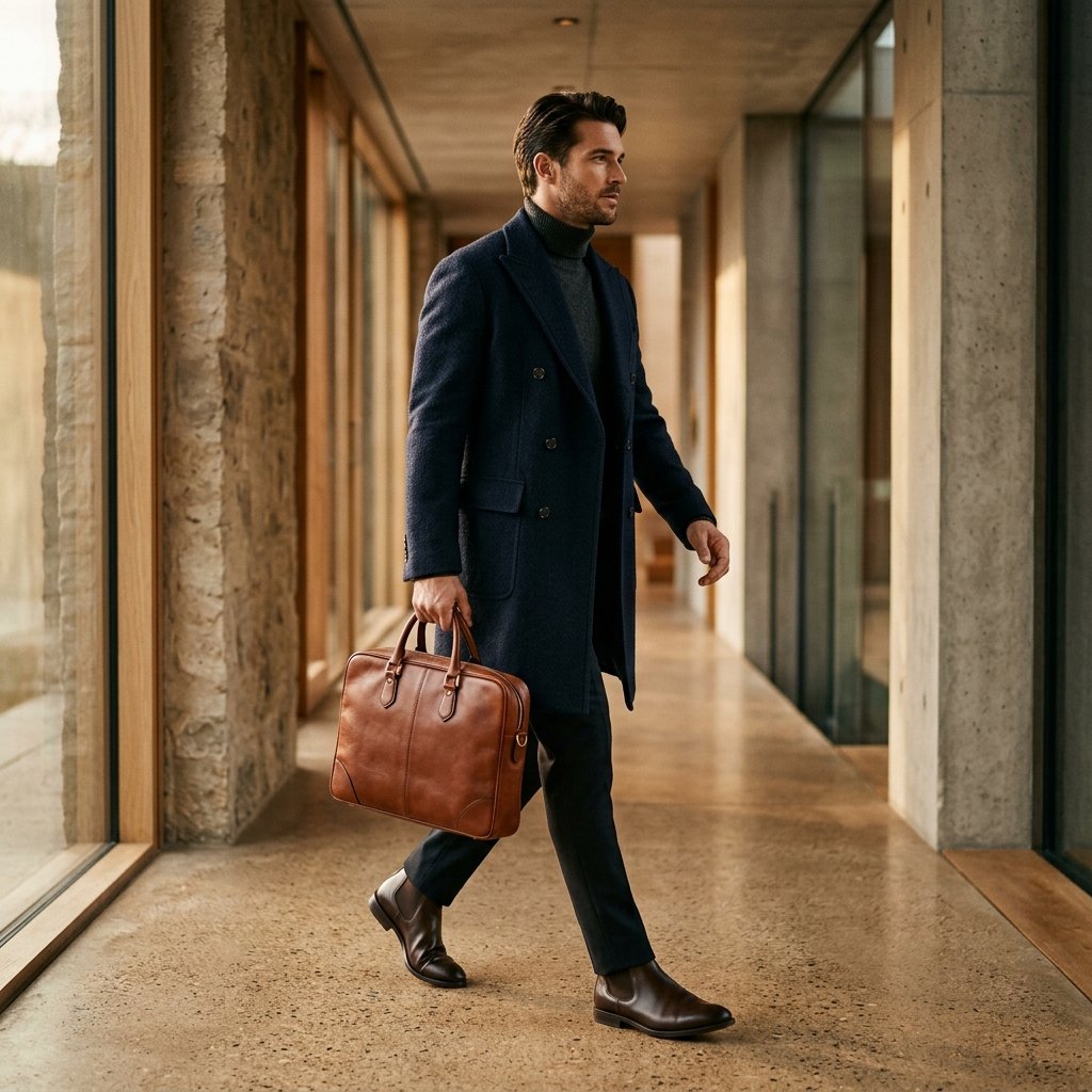 Man in tailored overcoat carrying a cognac leather briefcase through a modern corridor