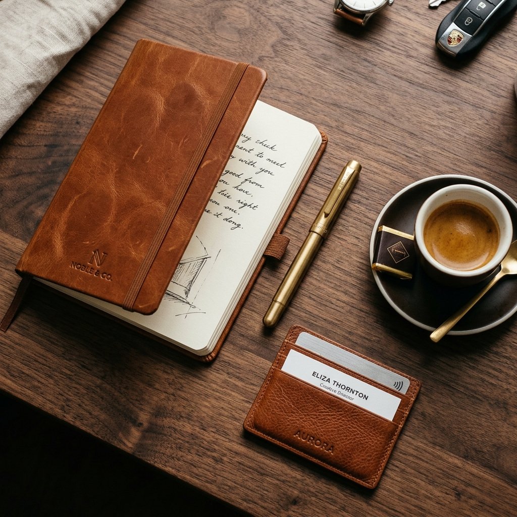 Leather goods on dark walnut desk