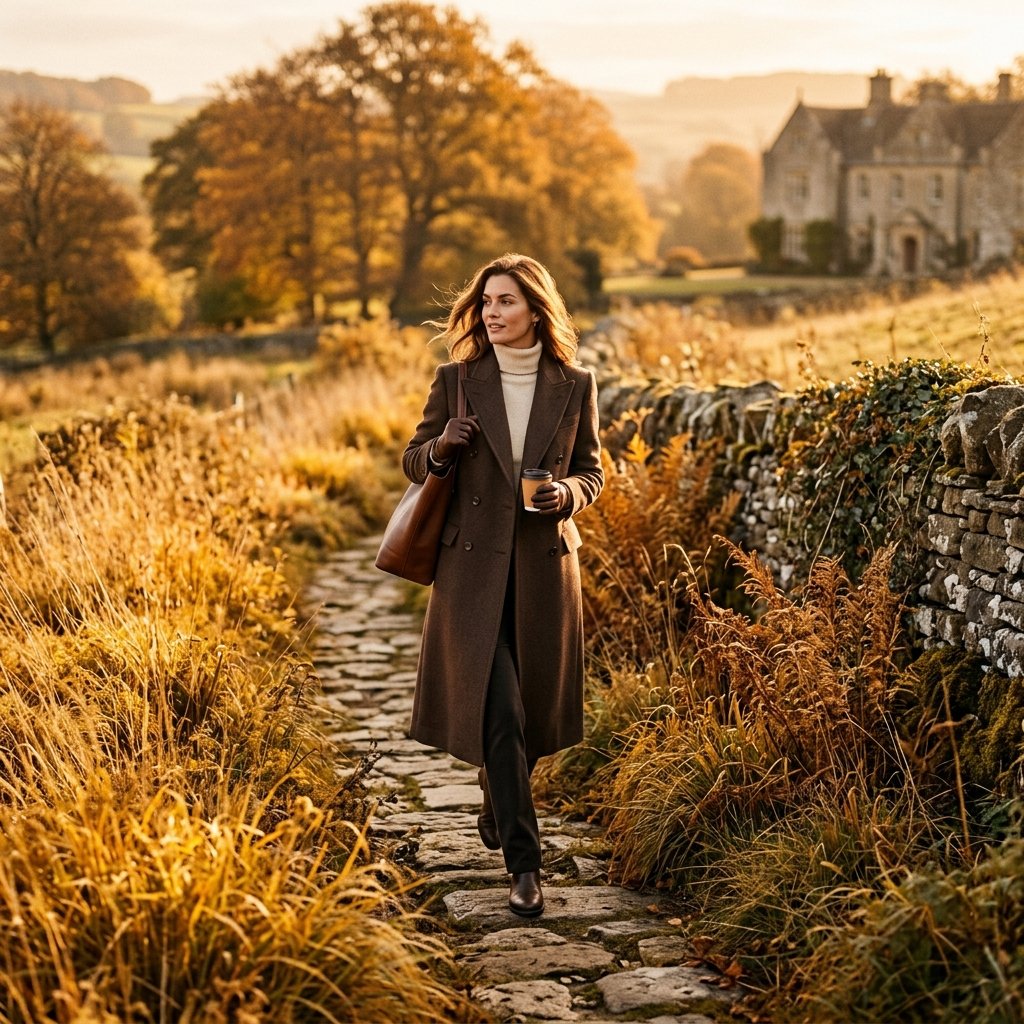 Woman in espresso coat walking through golden autumn countryside